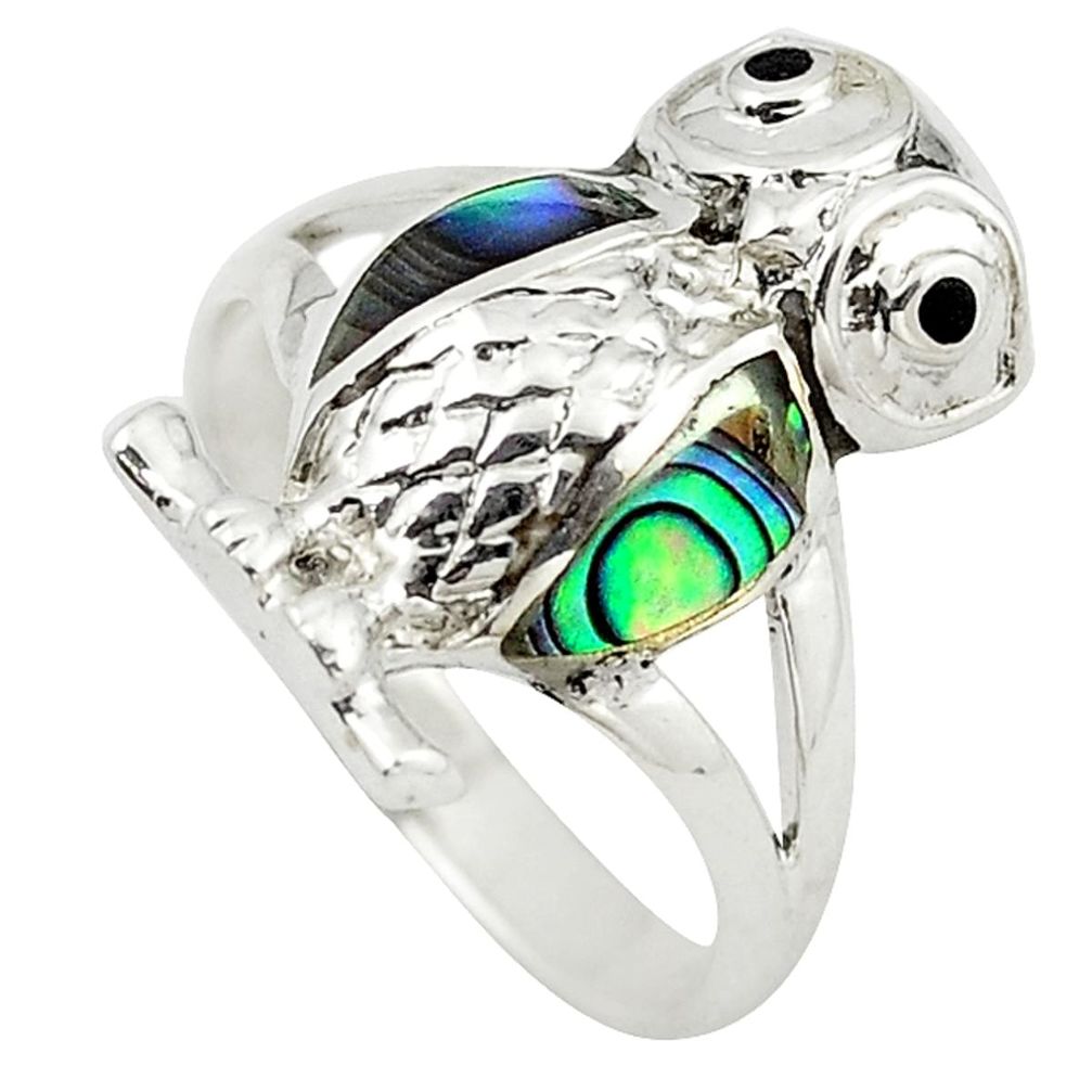 Green abalone paua seashell 925 silver owl ring jewelry size 6 a62571