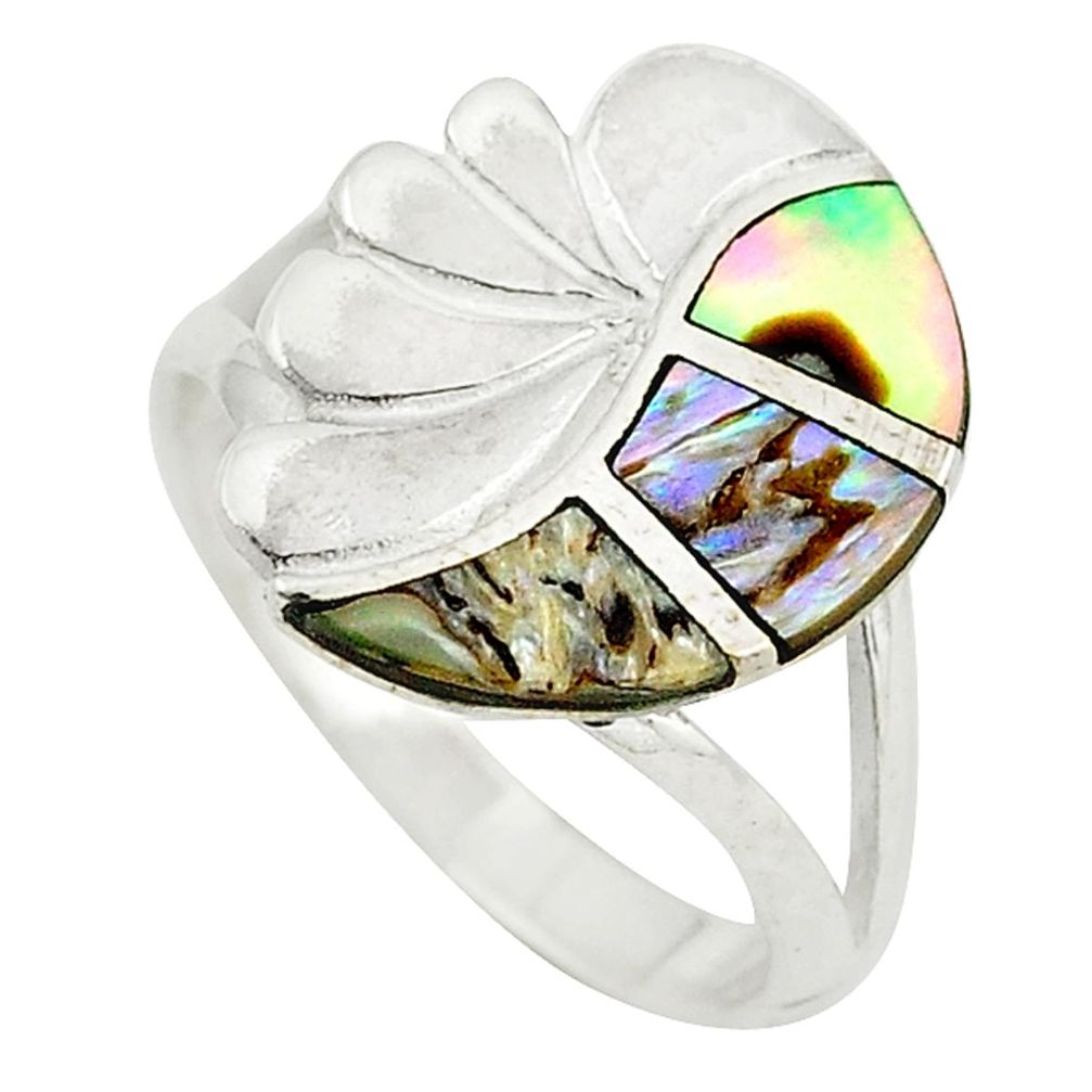 Green abalone paua seashell enamel 925 silver ring jewelry size 6 a62577