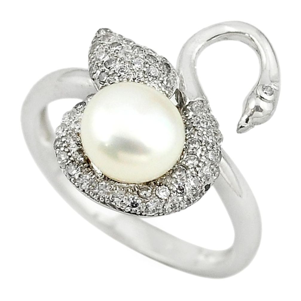 Natural white pearl round topaz 925 sterling silver ring size 8.5 a62677