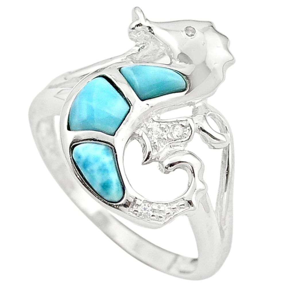 Natural blue larimar topaz 925 sterling silver seahorse ring size 8.5 a63126
