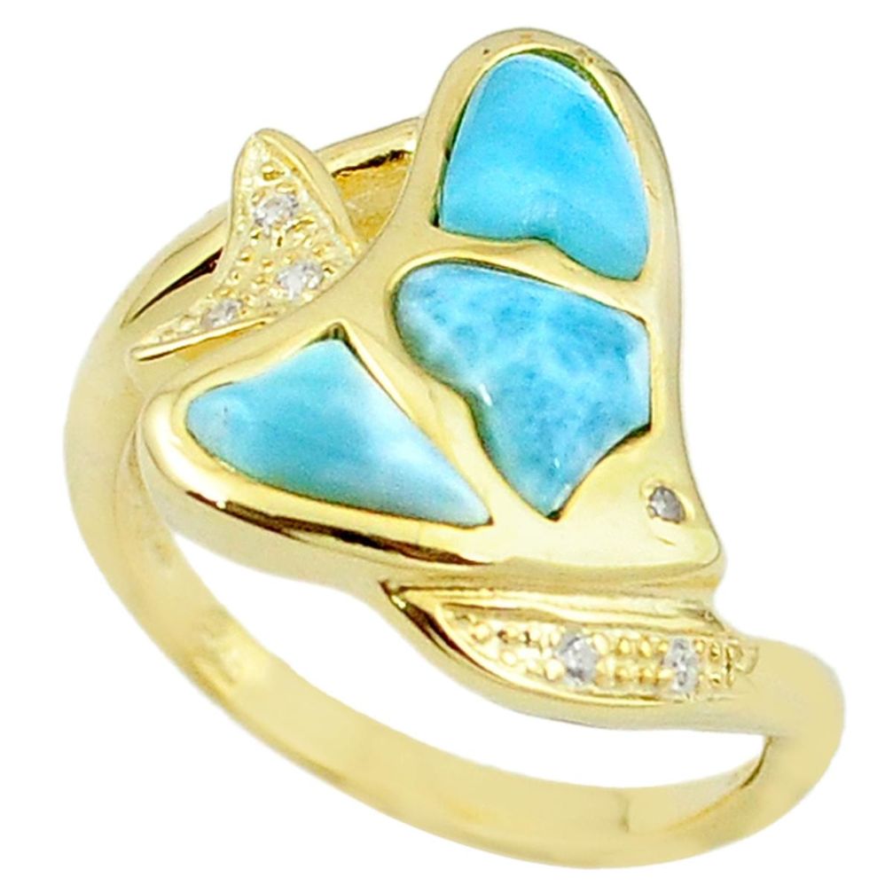 Natural blue larimar topaz 925 silver 14k gold ring jewelry size 8 a63313