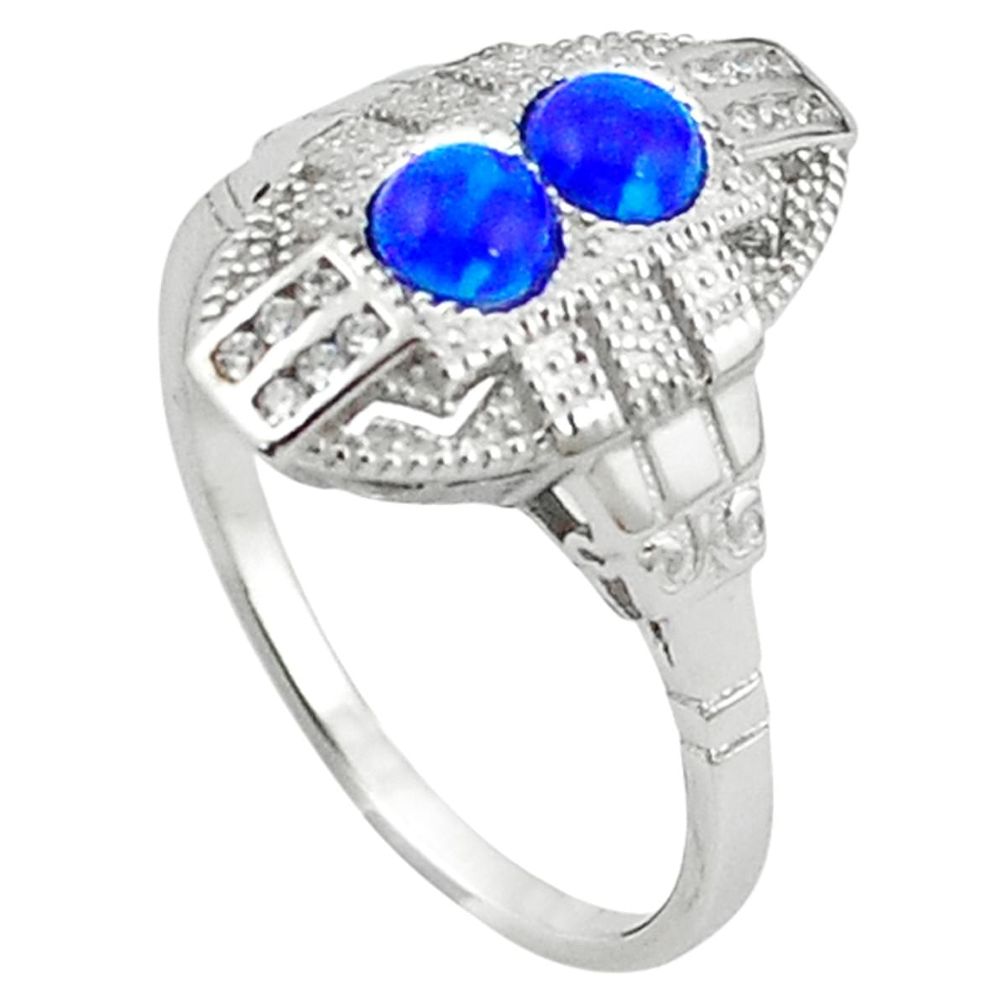 Art deco blue australian opal (lab) topaz 925 sterling silver ring size 9 a63566