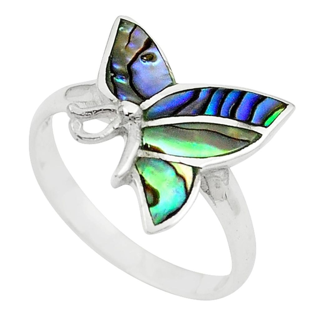 Green abalone paua seashell enamel 925 silver ring jewelry size 8 a64332
