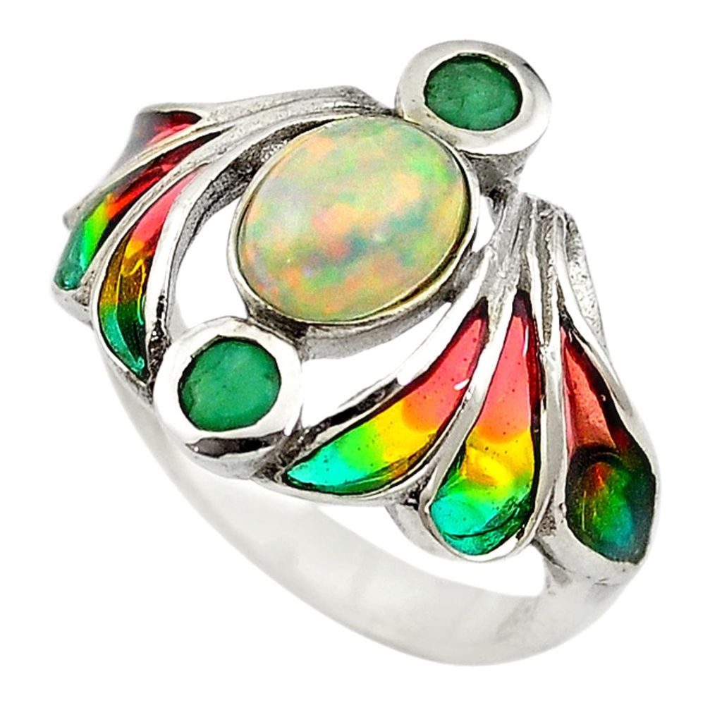 925 silver pink art nouveau opal (lab) green emerald enamel ring size 7 a65579