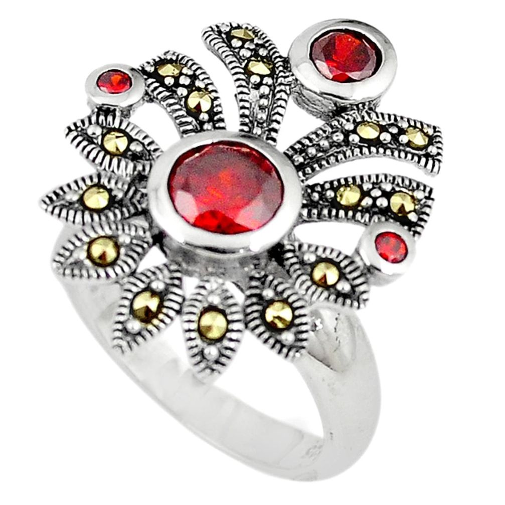 Red garnet quartz swiss marcasite 925 sterling silver ring size 7 a66406