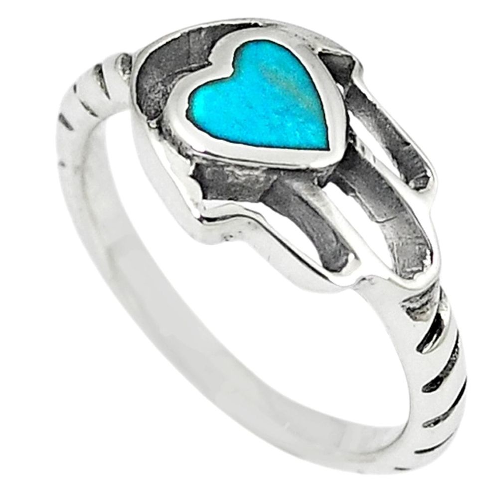 Green turquoise tibetan 925 silver hand of god hamsa ring size 7 a66986