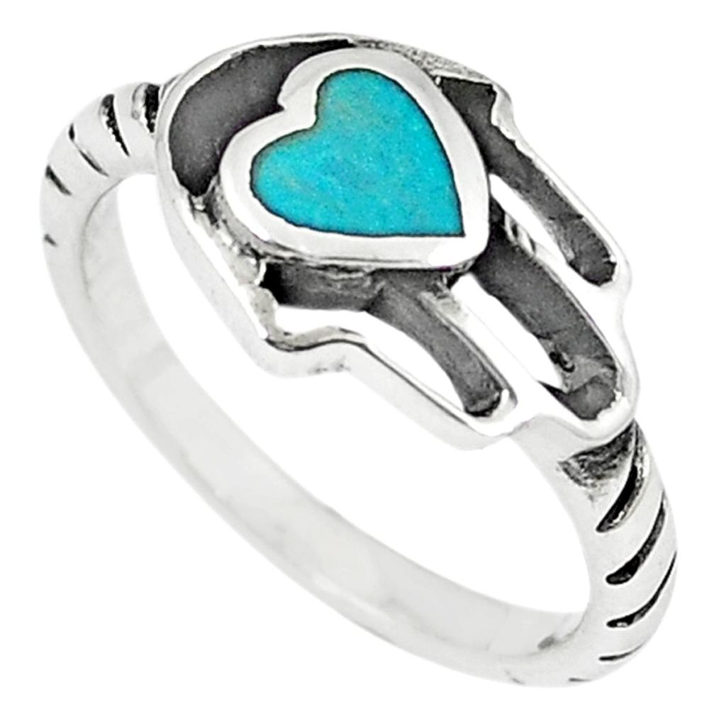 Green turquoise tibetan 925 silver hand of god hamsa ring size 7 a66991