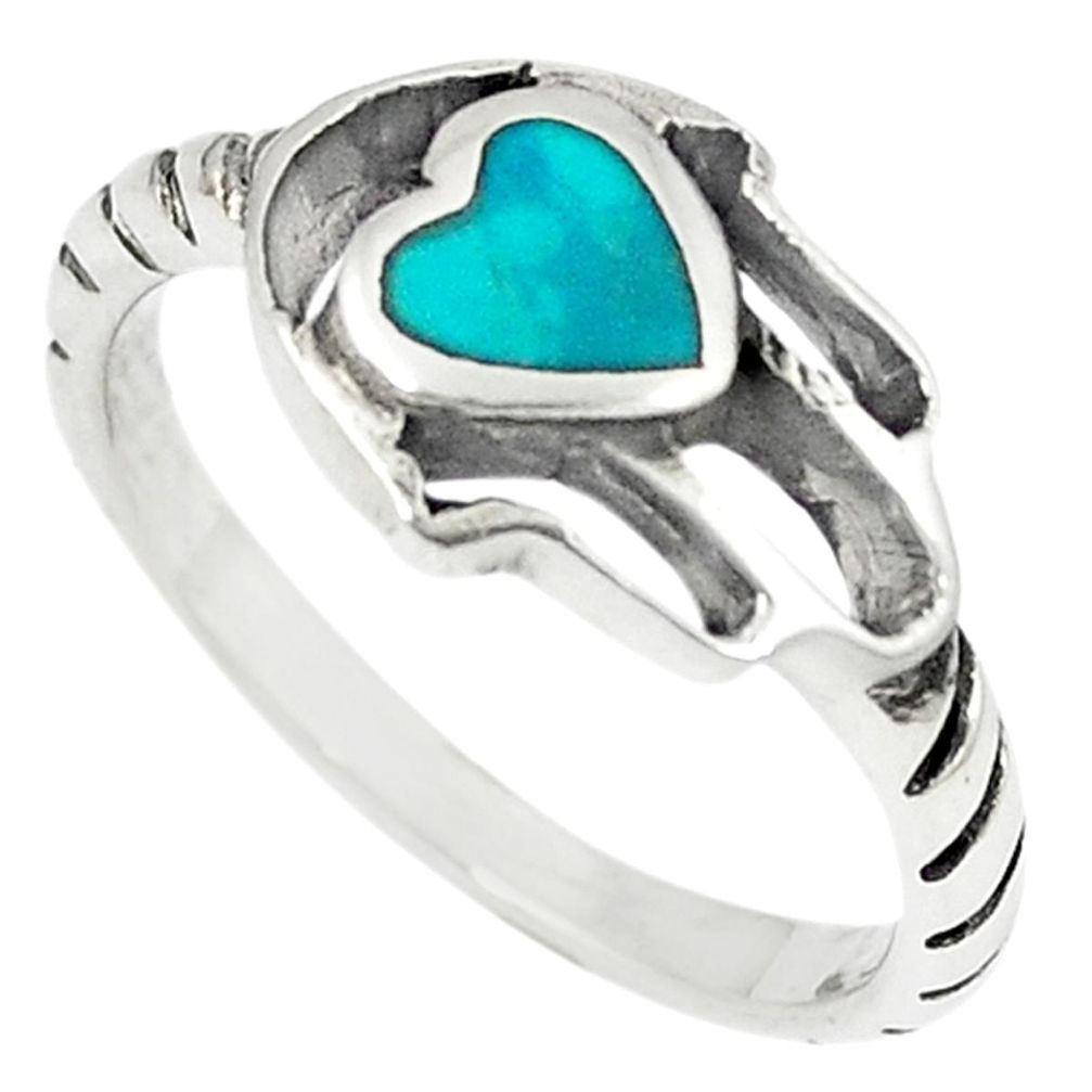 Green turquoise tibetan 925 silver hand of god hamsa ring size 8 a66992