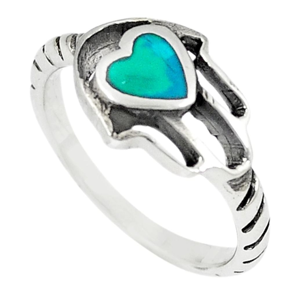 Green turquoise tibetan 925 silver hand of god hamsa ring size 8 a67003