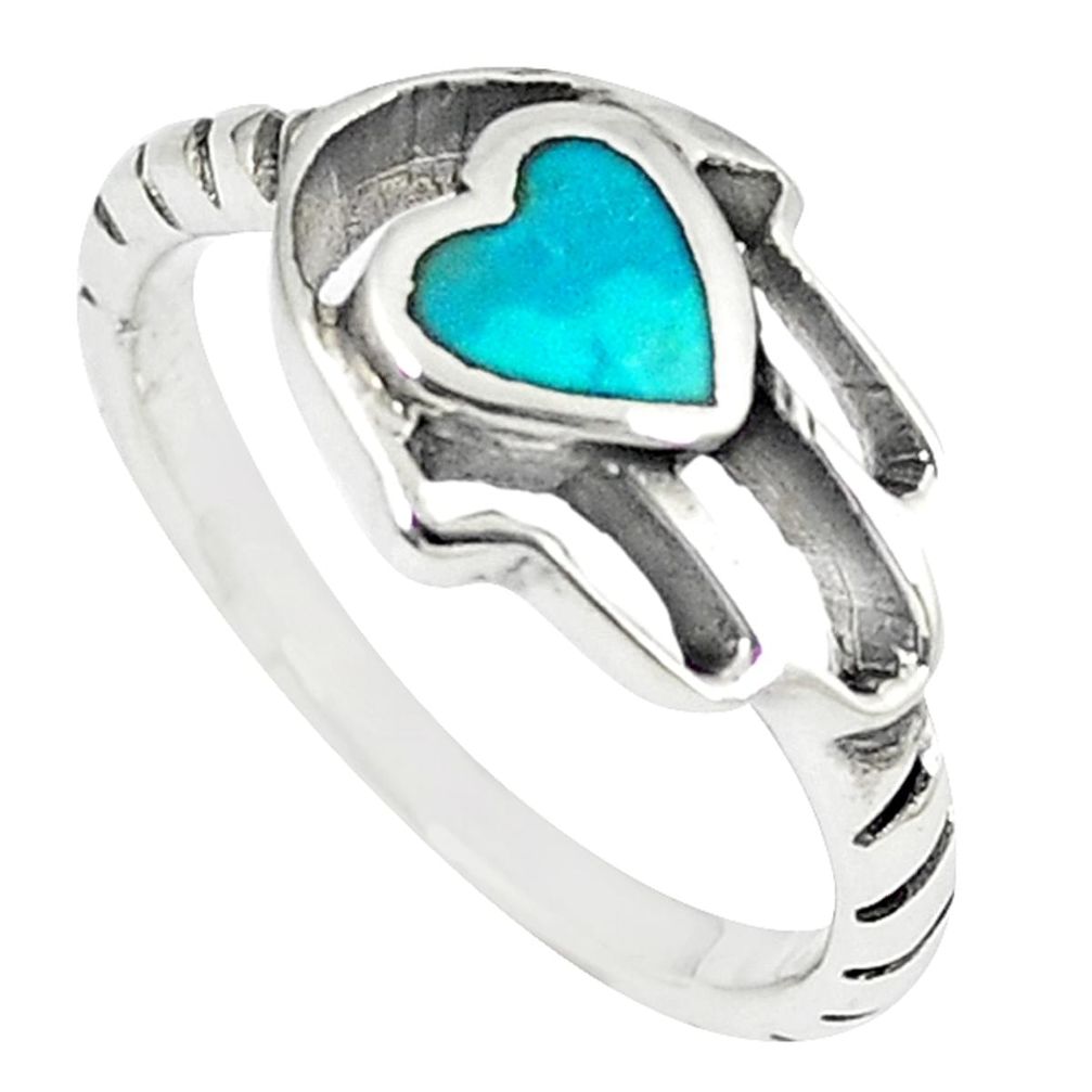 Green turquoise tibetan 925 silver hand of god hamsa ring size 7 a67016