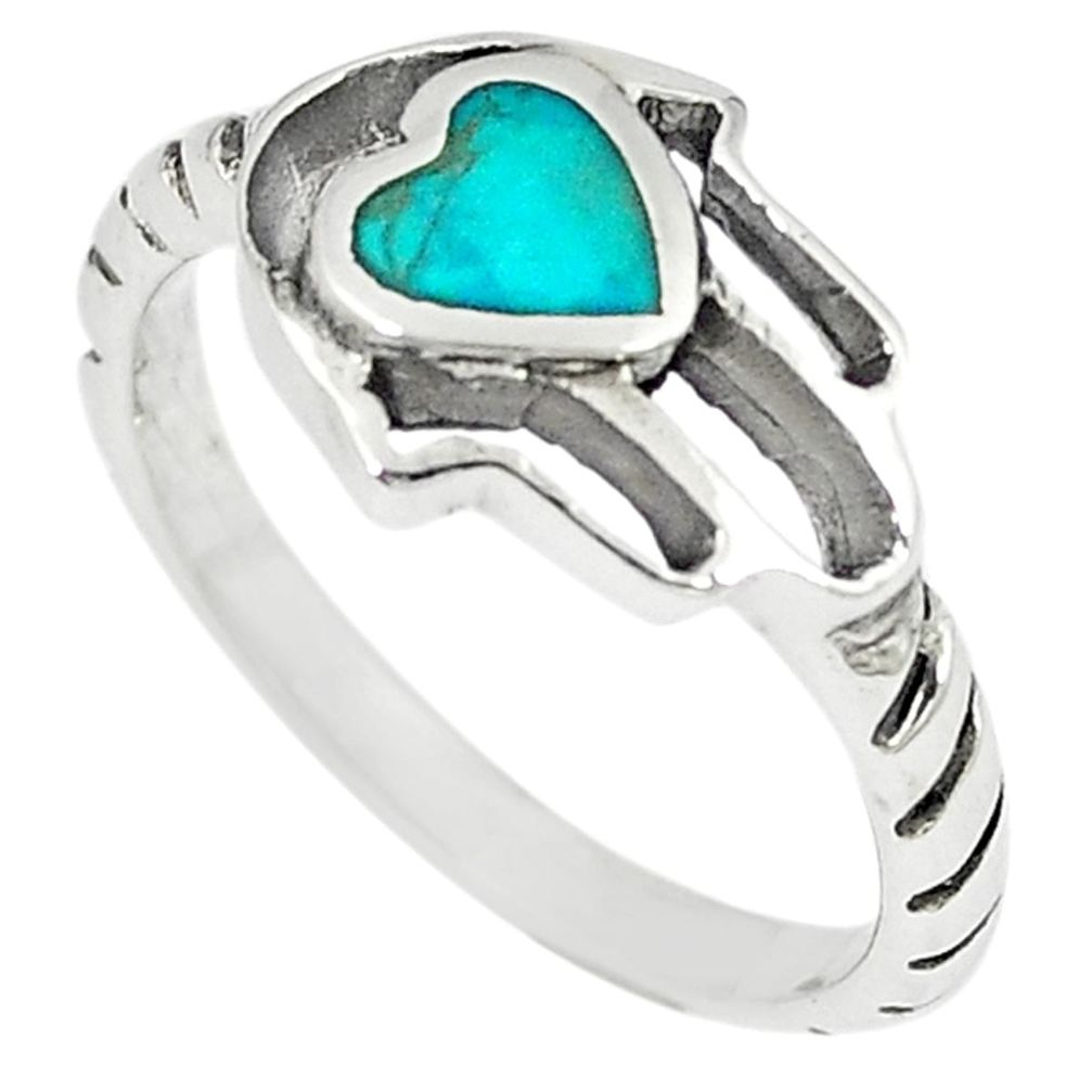 Green turquoise tibetan 925 silver hand of god hamsa ring size 8 a67028