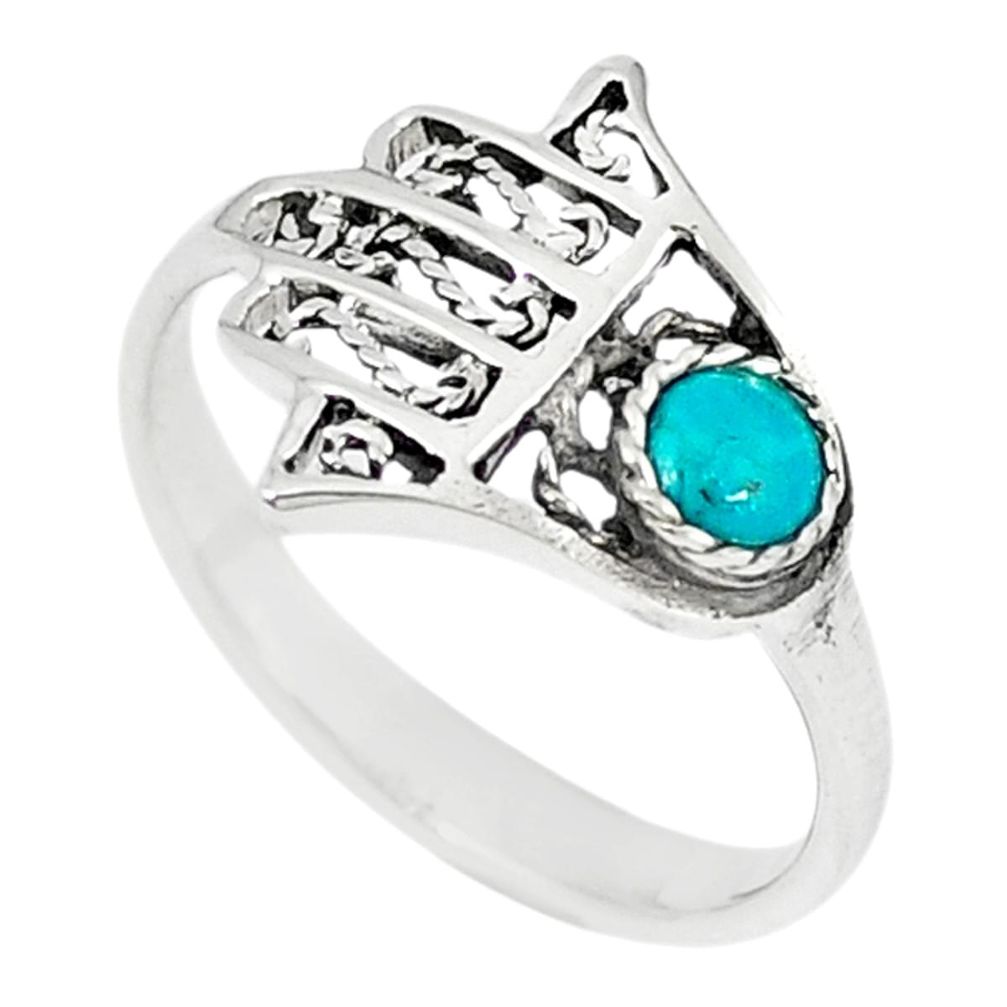 Green turquoise tibetan 925 silver hand of god hamsa ring size 6.5 a67031