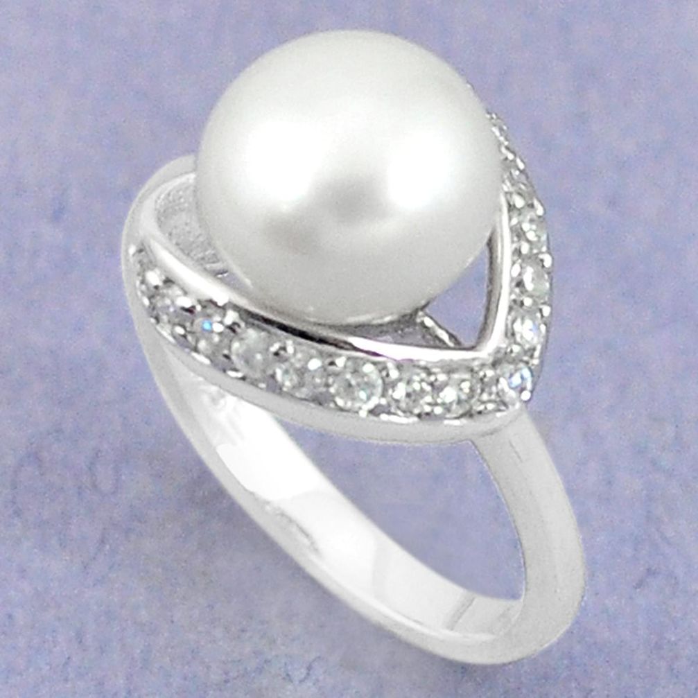 Natural white pearl round topaz 925 sterling silver ring jewelry size 6 a67345