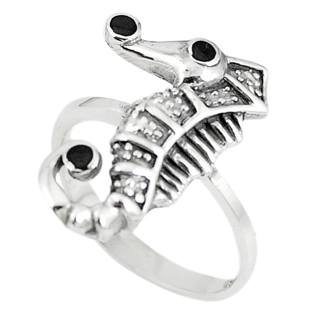 Black onyx enamel 925 sterling silver seahorse ring size 6 a67594
