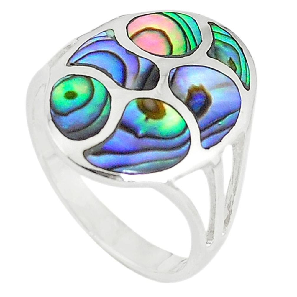 Green abalone paua seashell enamel 925 silver ring jewelry size 7 a67824