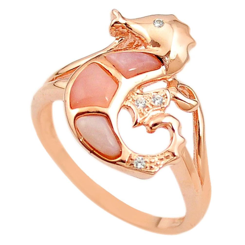 Natural pink opal 925 silver 14k rose gold seahorse ring size 9.5 a68206