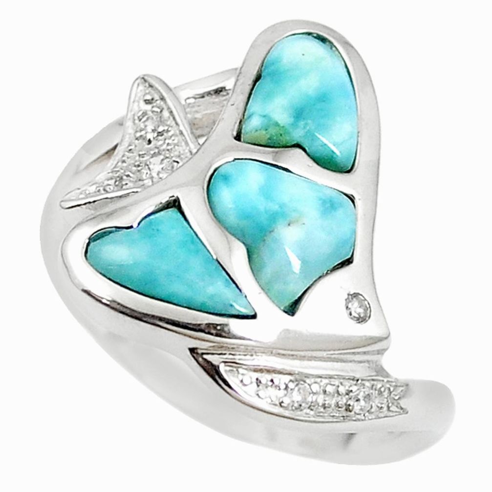 Natural blue larimar topaz 925 sterling silver fish ring size 7.5 a68641