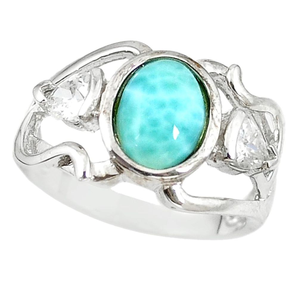 Natural blue larimar white topaz 925 sterling silver ring size 7.5 a68650