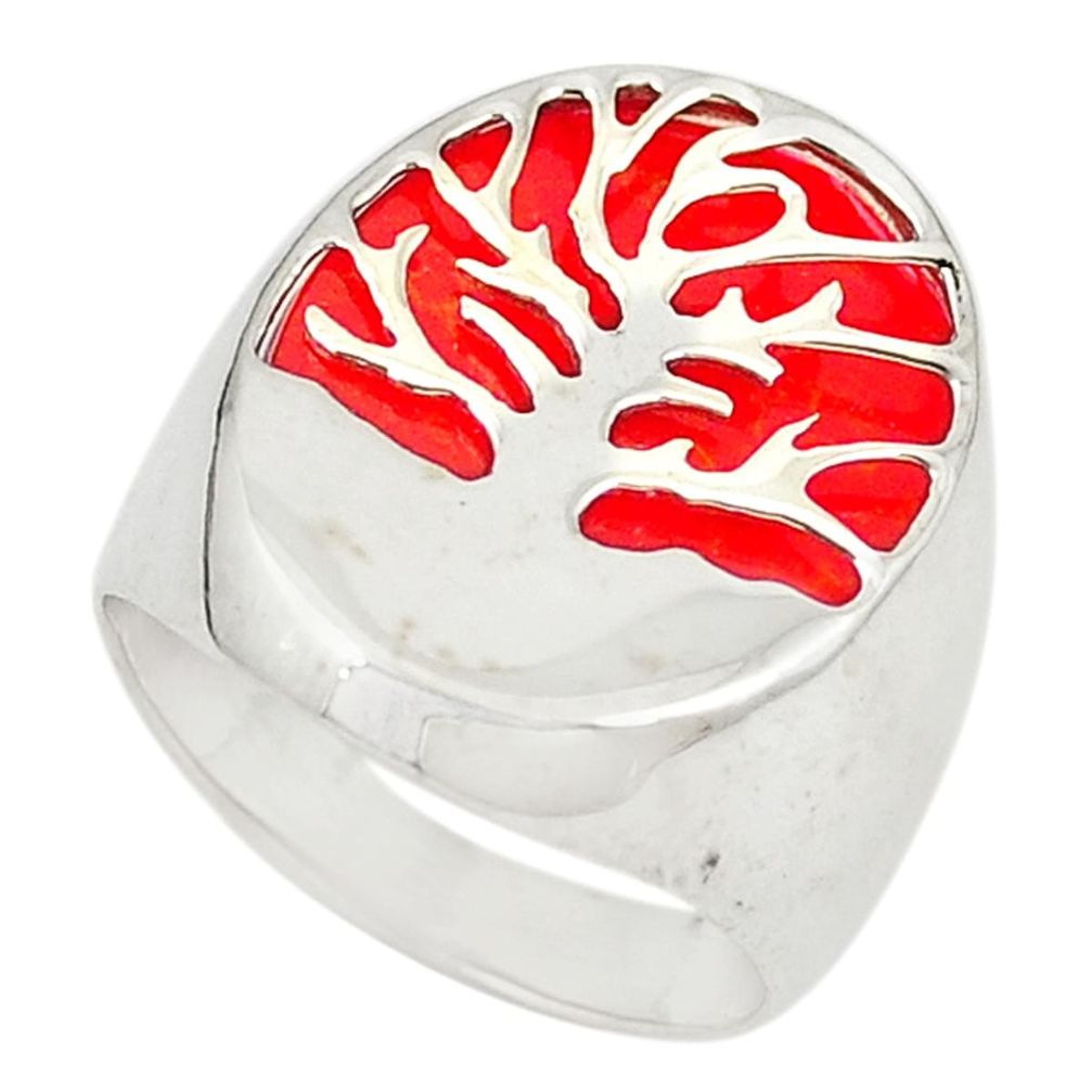 Natural red sponge coral 925 silver tree of life ring size 7 a69488