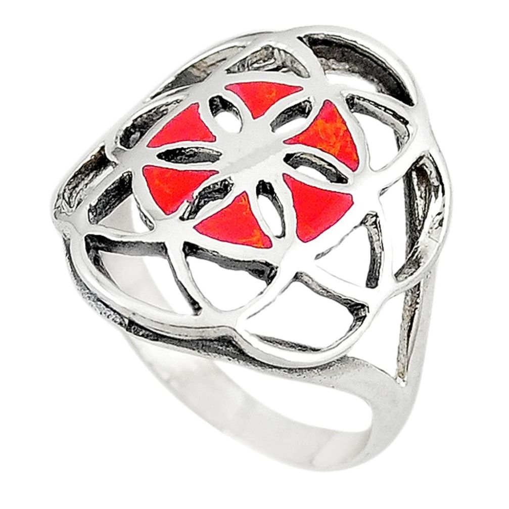 925 sterling silver red sponge coral enamel ring jewelry size 9 a69496