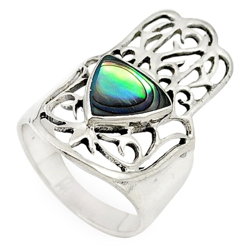 Green abalone paua seashell 925 silver hand of god hamsa ring size 6 a69545