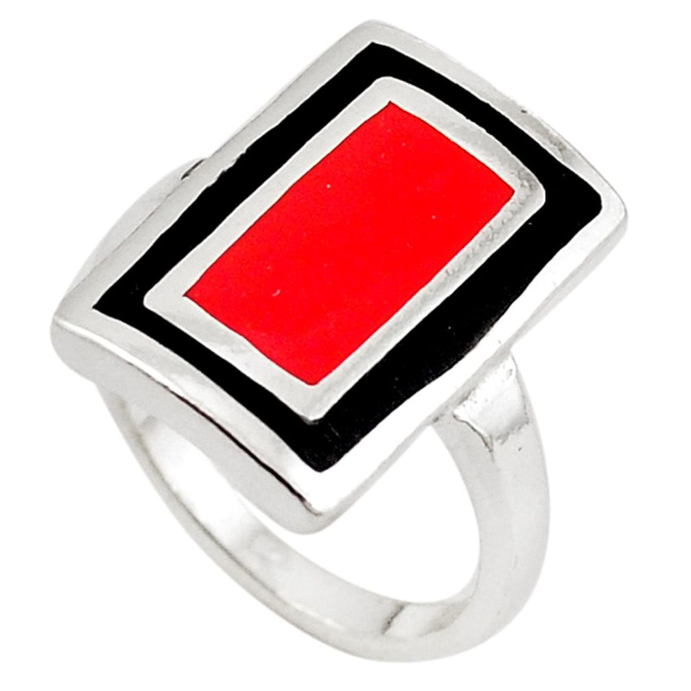 Red sponge coral onyx enamel 925 silver ring jewelry size 7 a69621