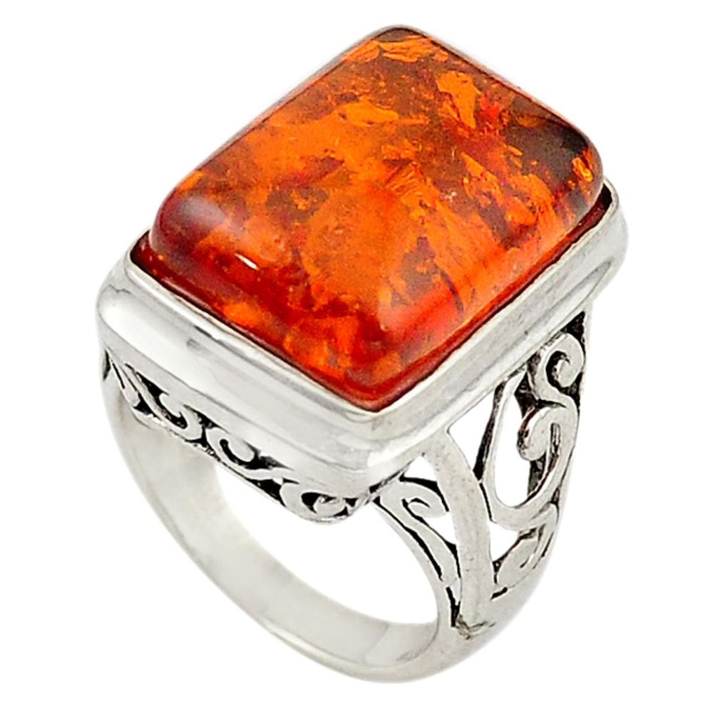 Orange amber octagan 925 sterling silver ring jewelry size 7 a70596