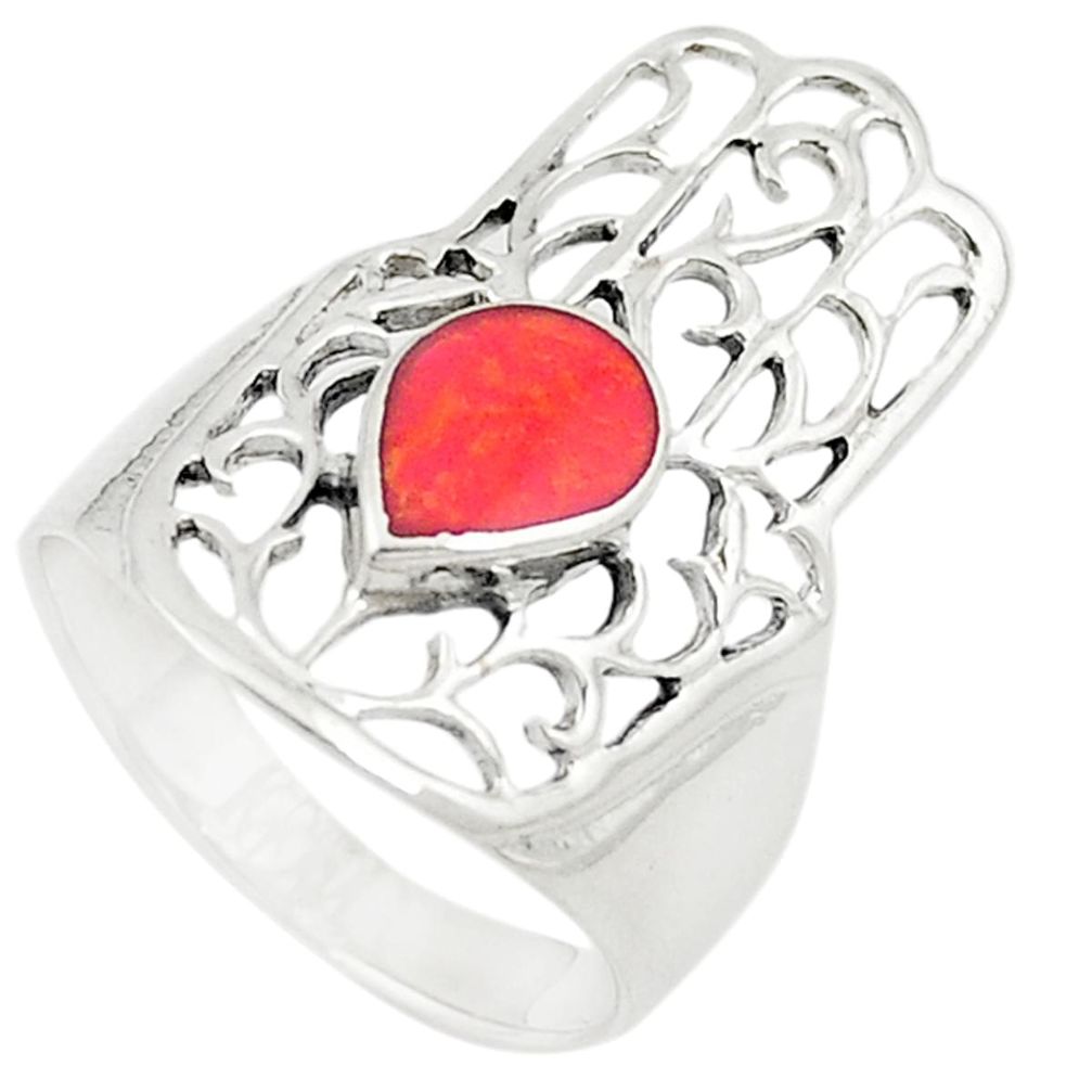 Red sponge coral 925 silver hand of god hamsa ring jewelry size 7 a72206