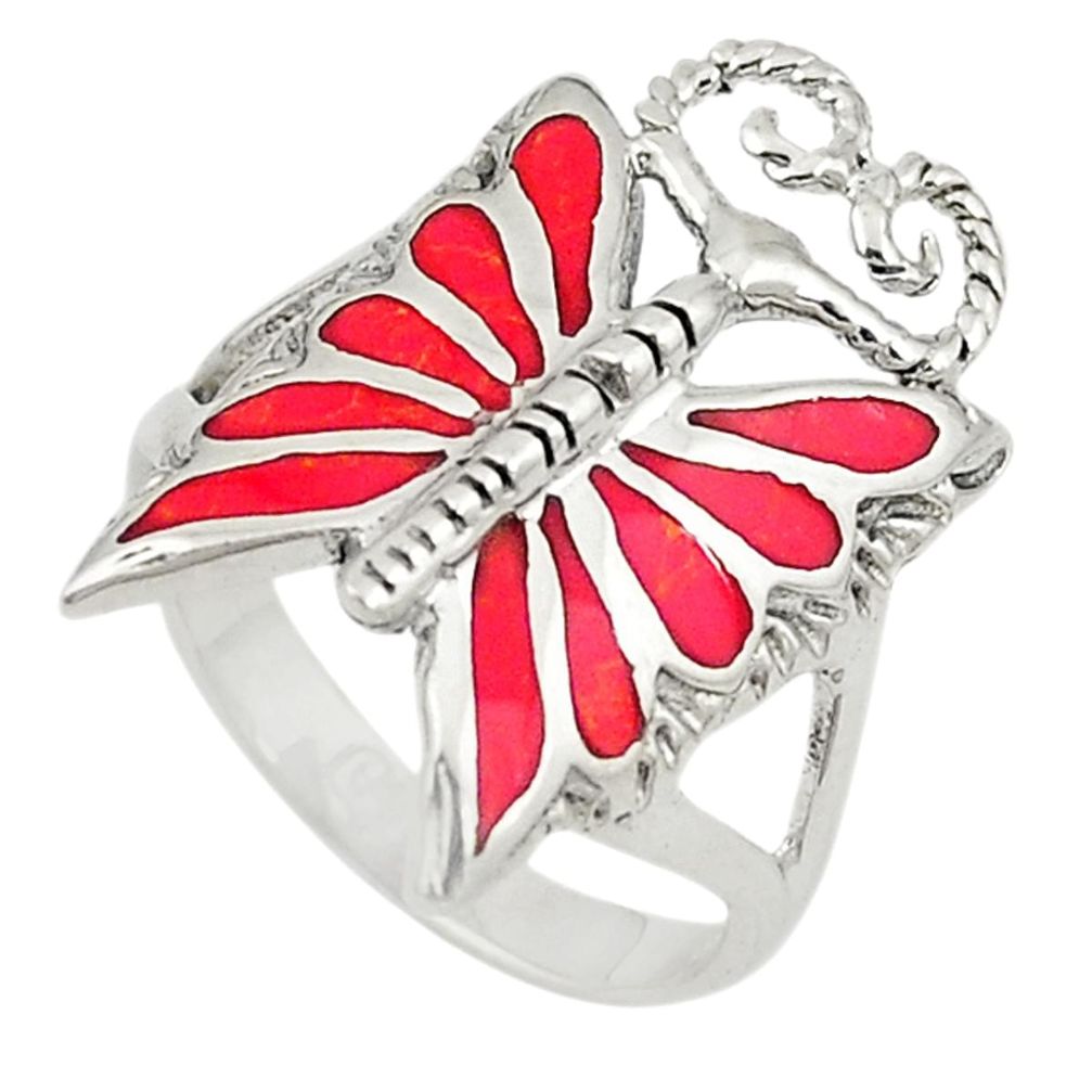 Red sponge coral 925 sterling silver butterfly ring jewelry size 7.5 a72243