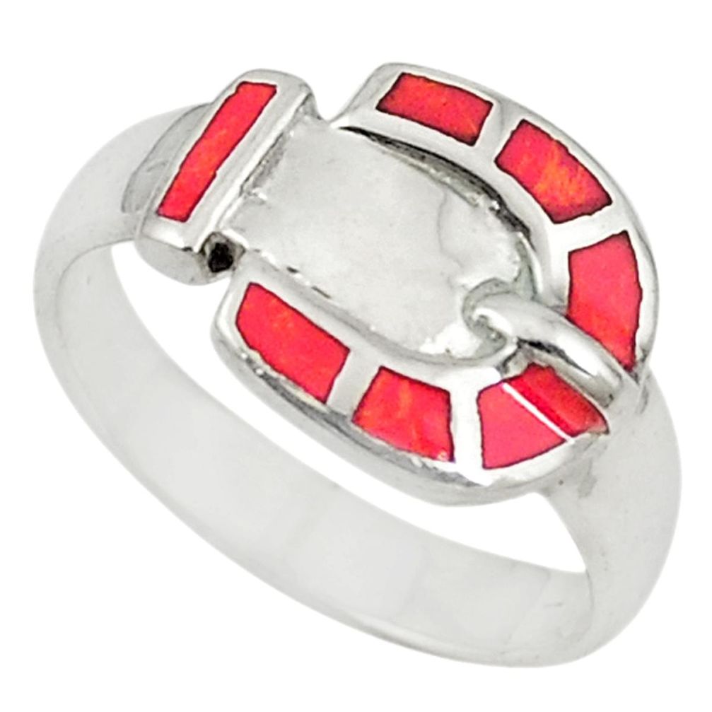 Red sponge coral enamel 925 sterling silver ring jewelry size 7 a72259