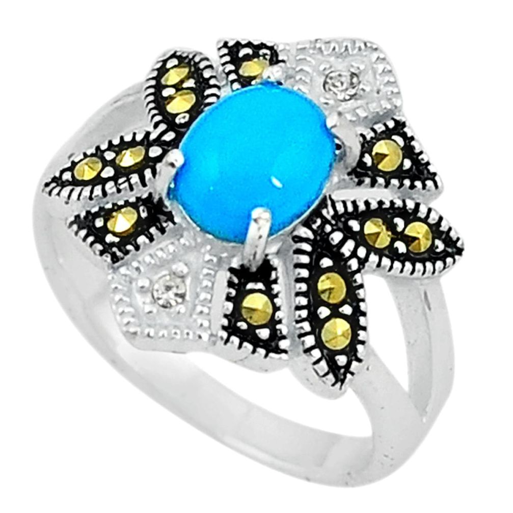 Fine blue turquoise marcasite 925 sterling silver ring size 5.5 a72287