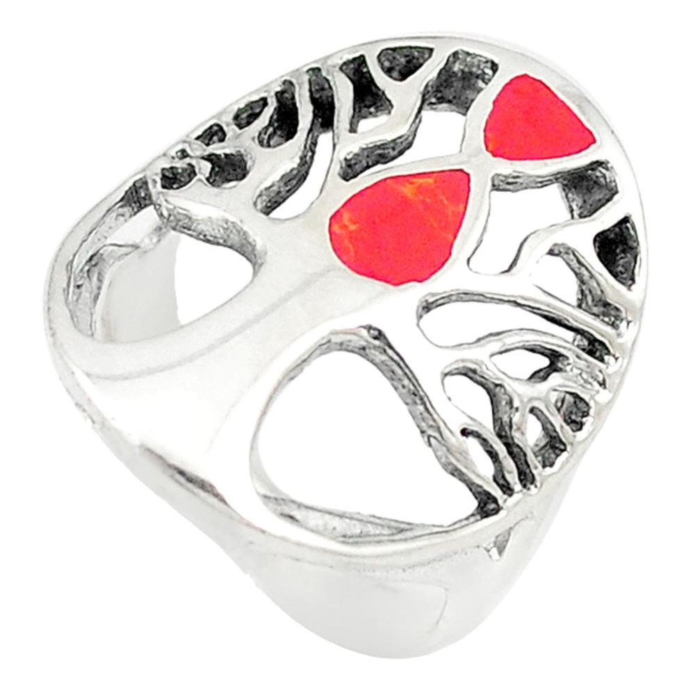 Red coral enamel 925 sterling silver tree of life ring jewelry size 6.5 a72456