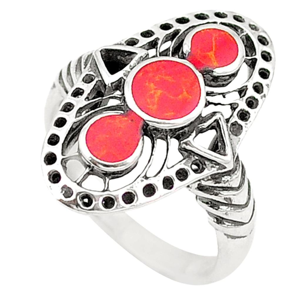 Natural red sponge coral enamel 925 sterling silver ring size 7 a72486