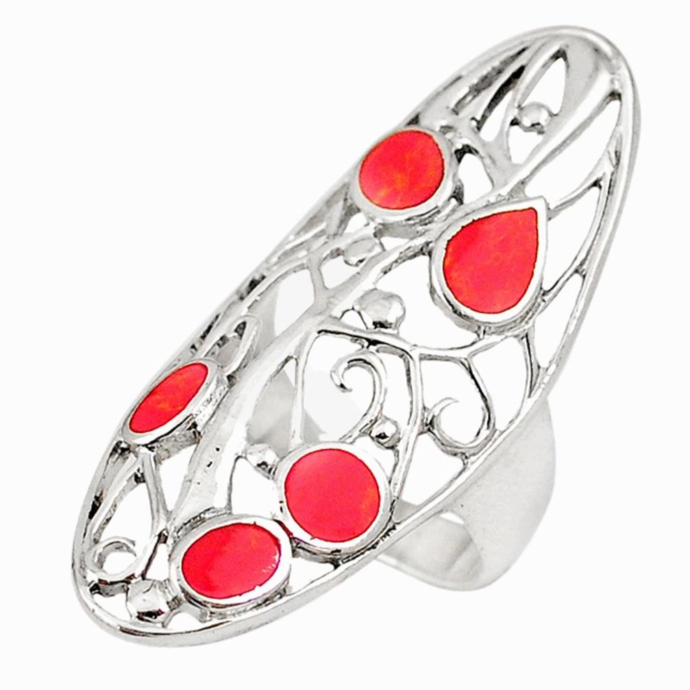 Red coral enamel 925 sterling silver ring jewelry size 6.5 a72490