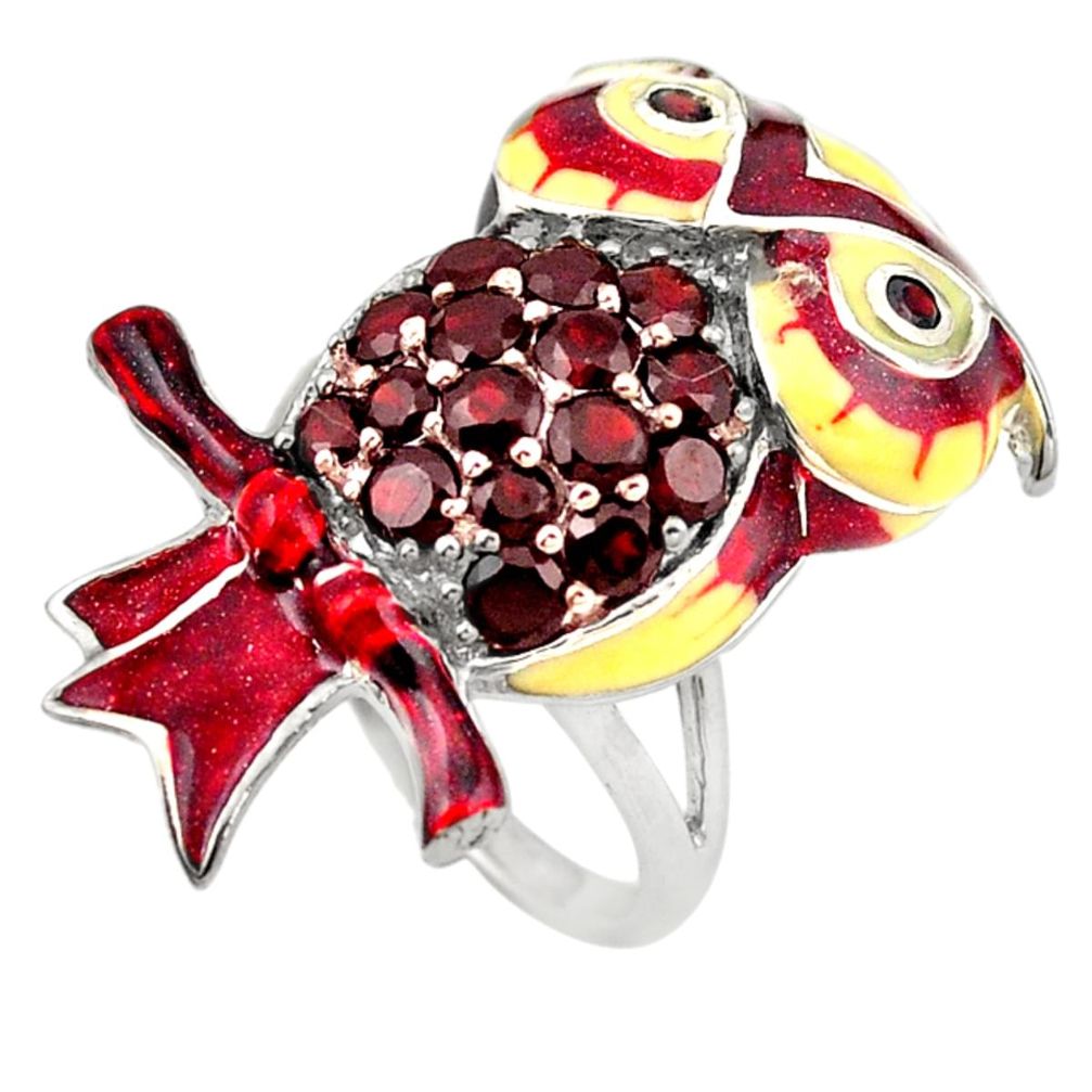 Natural red garnet enamel 925 sterling silver owl ring size 6.5 a72845