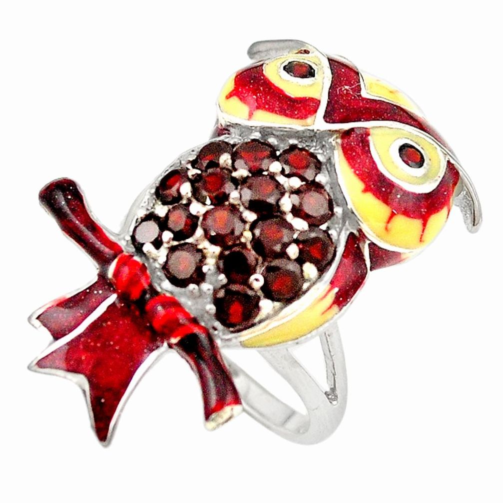 Natural red garnet enamel 925 sterling silver owl ring jewelry size 8 a72848