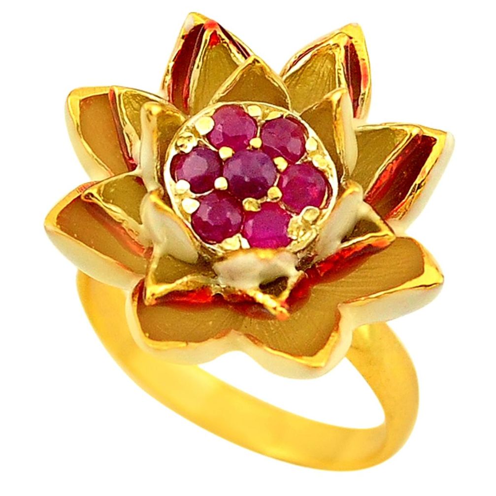 Natural red ruby enamel 925 silver 14k gold flower thai ring size 8.5 a72950