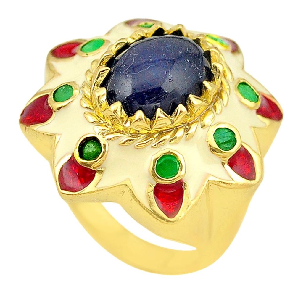 925 sterling silver natural blue lapis lazuli 14k gold thai ring size 7.5 a72952