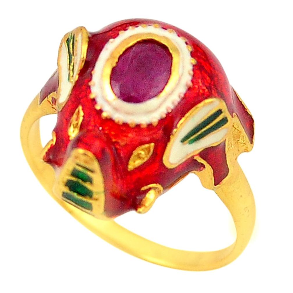 Natural red ruby enamel 925 silver 14k gold elephant thai ring size 8.5 a72957