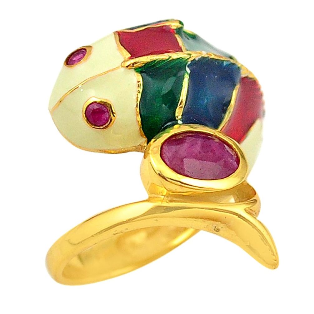 Natural red ruby enamel 925 sterling silver gold fish thai ring size 6 a72969