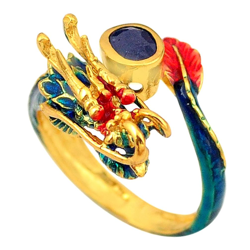 Natural blue sapphire 925 silver 14k gold dragon thai ring size 8 a72970