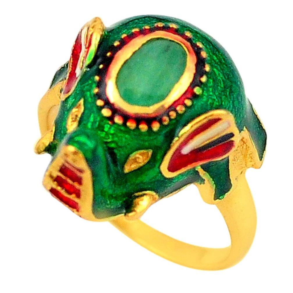 Natural green emerald enamel 925 silver gold elephant thai ring size 6.5 a72971