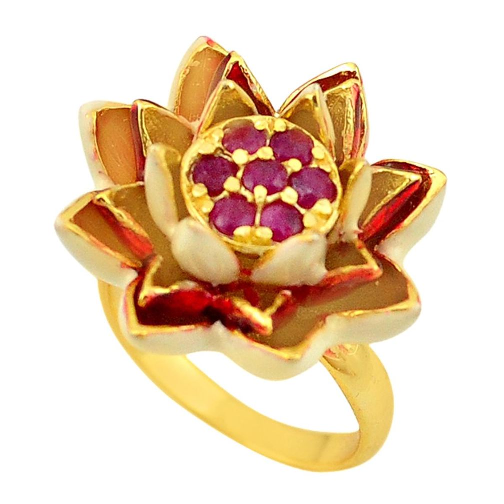 Natural red ruby enamel 925 silver 14k gold flower thai ring size 6.5 a72973