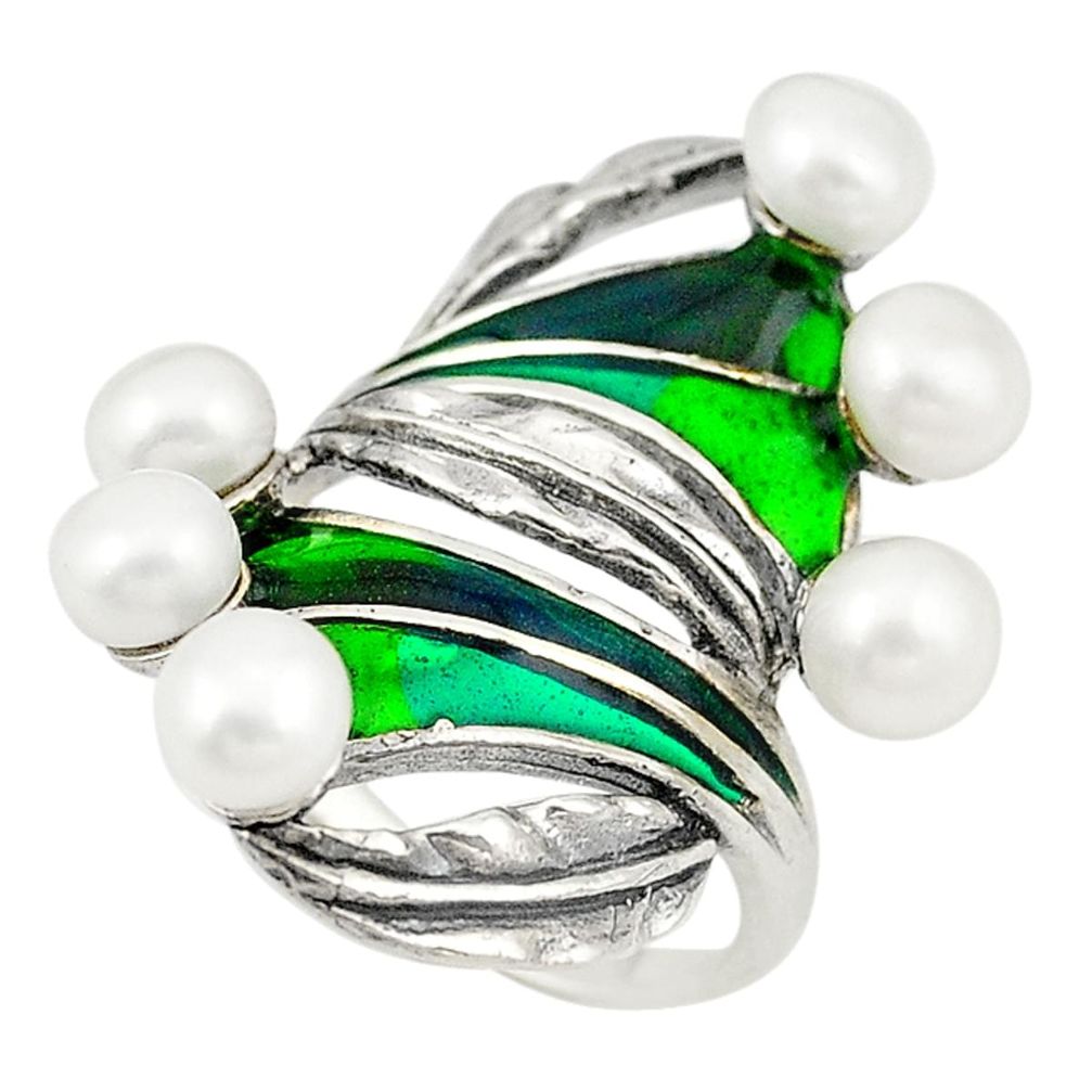 925 sterling silver natural white pearl round enamel ring size 7.5 a72976