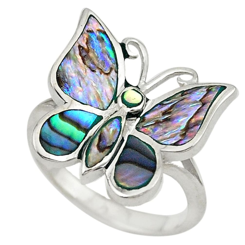 Green abalone paua seashell 925 silver butterfly ring size 6.5 a73003