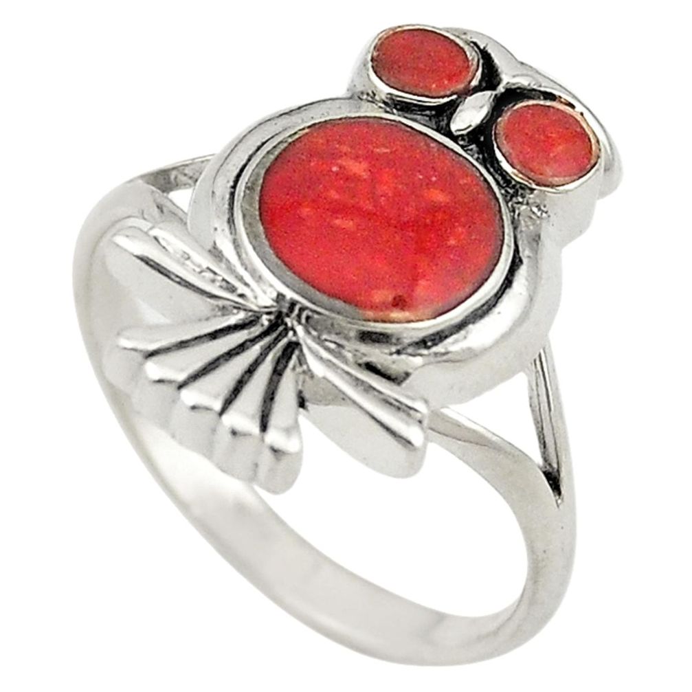 Red sponge coral enamel 925 sterling silver owl ring jewelry size 7.5 a73013