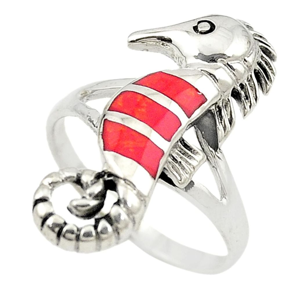 Red coral marcasite enamel 925 silver seahorse ring jewelry size 7.5 a73051