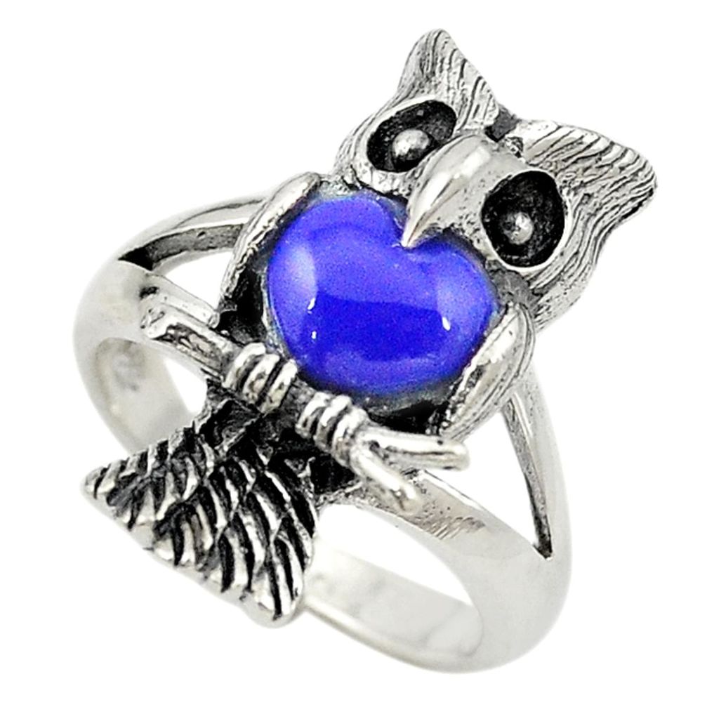 Natural blue lapis lazuli 925 sterling silver owl charm ring size 5.5 a73081