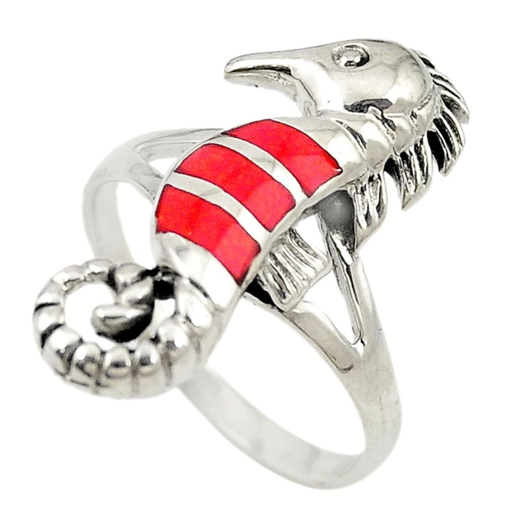 Red coral enamel 925 sterling silver seahorse ring jewelry size 8.5 a73083