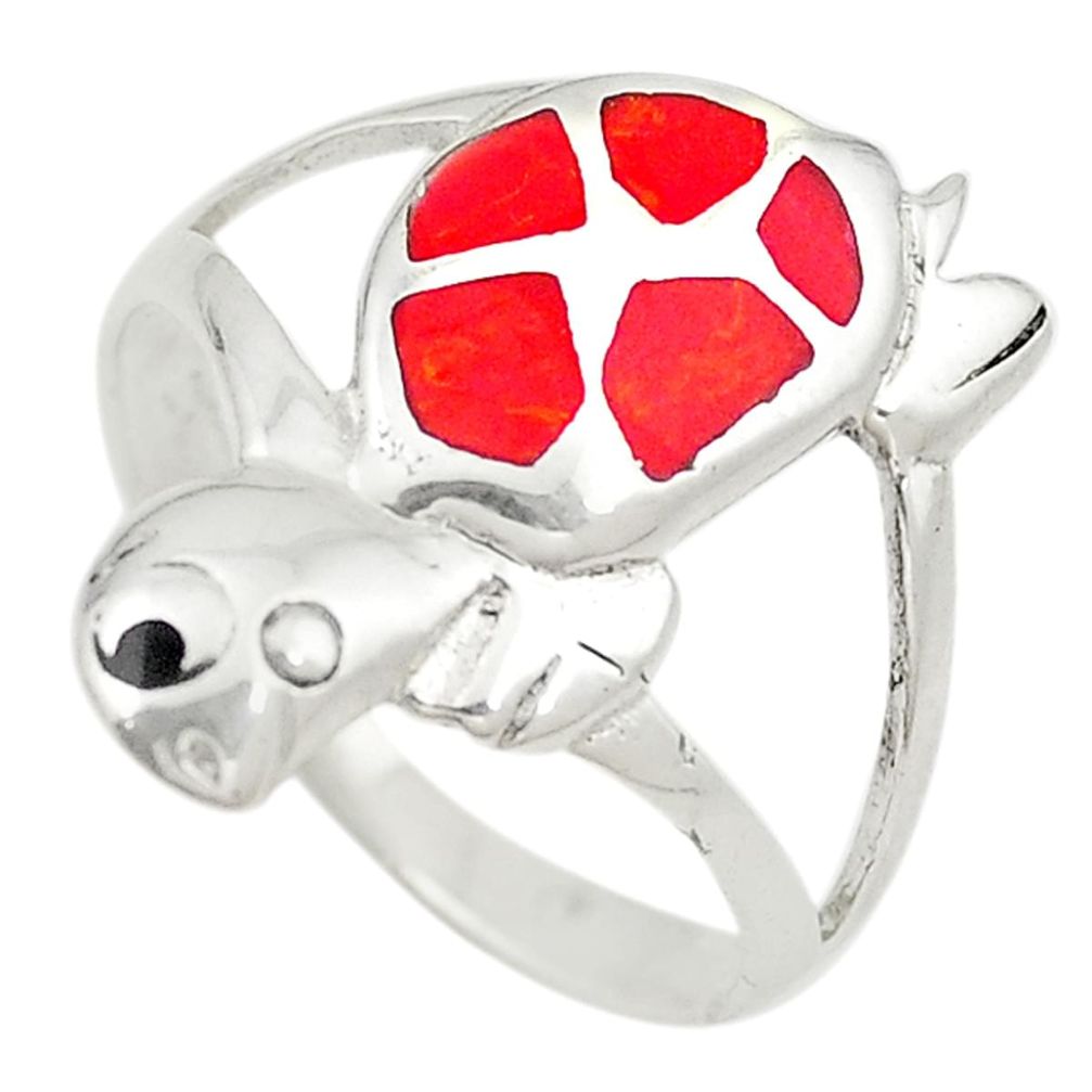 Red coral enamel 925 sterling silver tortoise ring jewelry size 8.5 a73101